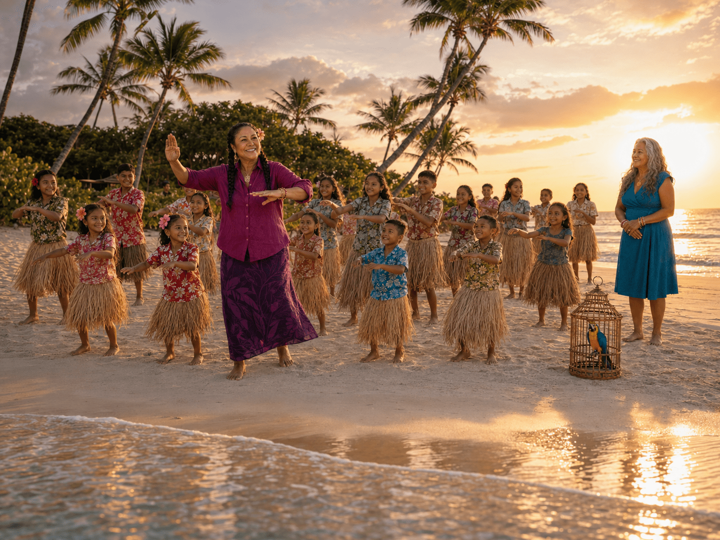 Image of Miss Tala Moemoe, Minister of Culture in O'hua'hu, teaching a traditional O'hua'huian dance to a group of O'hua'huian children with Dr. Alina Leilani looking on with her pet parrot.